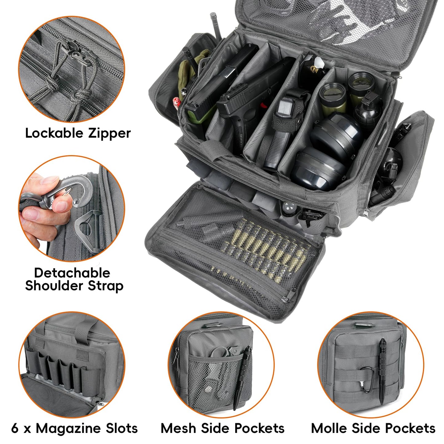 DULCE DOM Tactical Gun Range Bag for Handguns & Pistols - Lockable Compartment, Ammo Storage, Magazine Slots, Durable Range Essentials Bag (GREY)