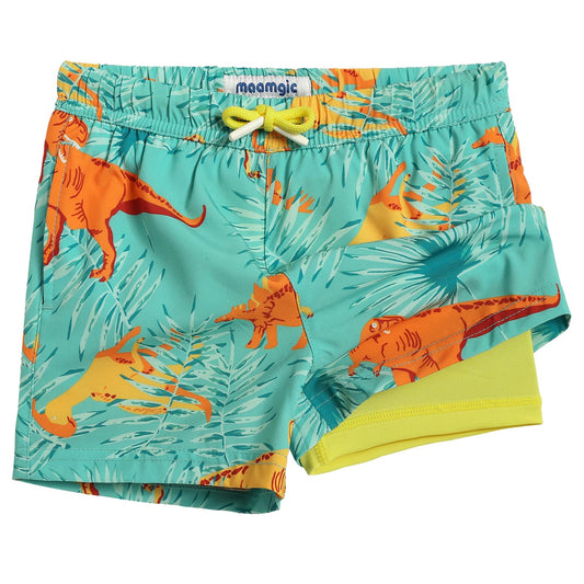 maamgic Boys Swim Trunks with Compression Liner Toddler Stretch Swim Shorts Quick Dry Swimming Trunks Boxer Brief 2 in 1 Beach Shorts Green Dinosaur 2T