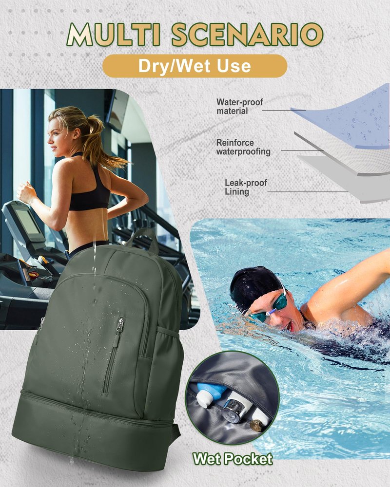 VENATIN Gym Backpack for Women Men, Lightweight Gym Bag with Shoe Compartment, Waterproof Sports Backpack with Wet Pocket, Green