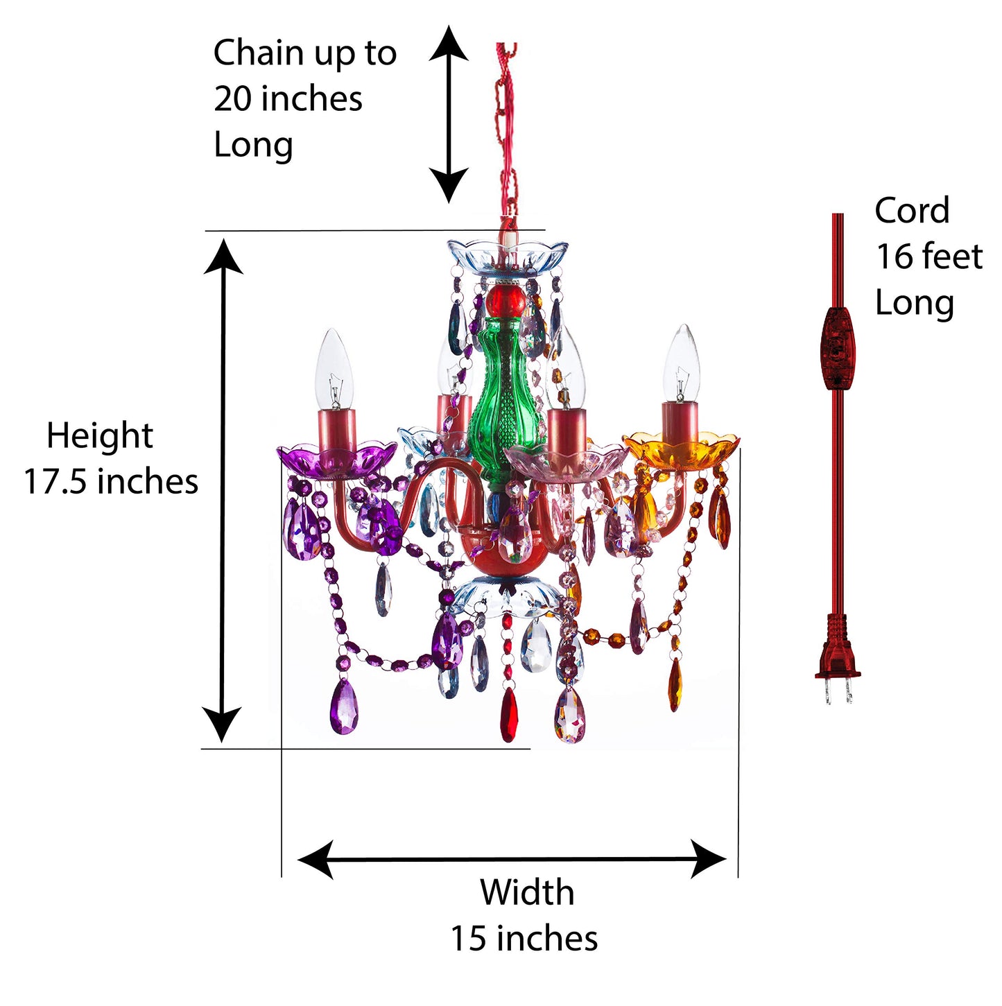 The Original Brink House Plug-in 4 Light Multicolor Hanging Swag Chandelier H17.5”xW15”, Red Metal Frame with Multicolor Glass Stem and Acrylic Crystals
