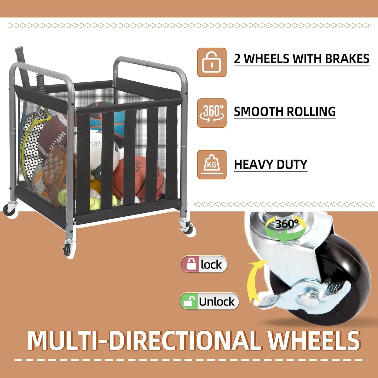 Storage Maniac Ball Storage Bin - Rolling Sports Ball Cart for Garage & Gym | Metal Organizer for Indoor & Outdoor Equipment