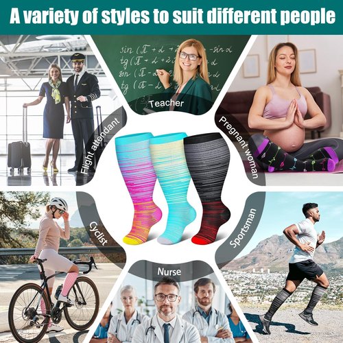 3 Packs Wide Calf Compression Socks for Women Men Knee Hight Plus Size Extra Graduated Stocking Calcetas Medias Para Mujer Big Travel Flight Sports Excise New Mom Birth Gifts Red Green Pink 2XL