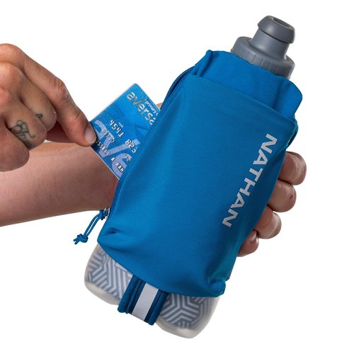 Nathan SpeedDraw 2 Insulated Handheld Running Water Bottle Flask 18oz – Double-Wall Insulation, Ergonomic Grip, Blast Valve Cap, Phone & Key Storage Pockets, Reflective Design