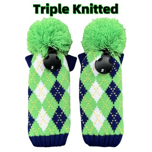 CHILXE 3pcs Knit Golf Headcovers, Driver & 2 Fairway Woods, Green & Blue, Pom Pom, Polyester