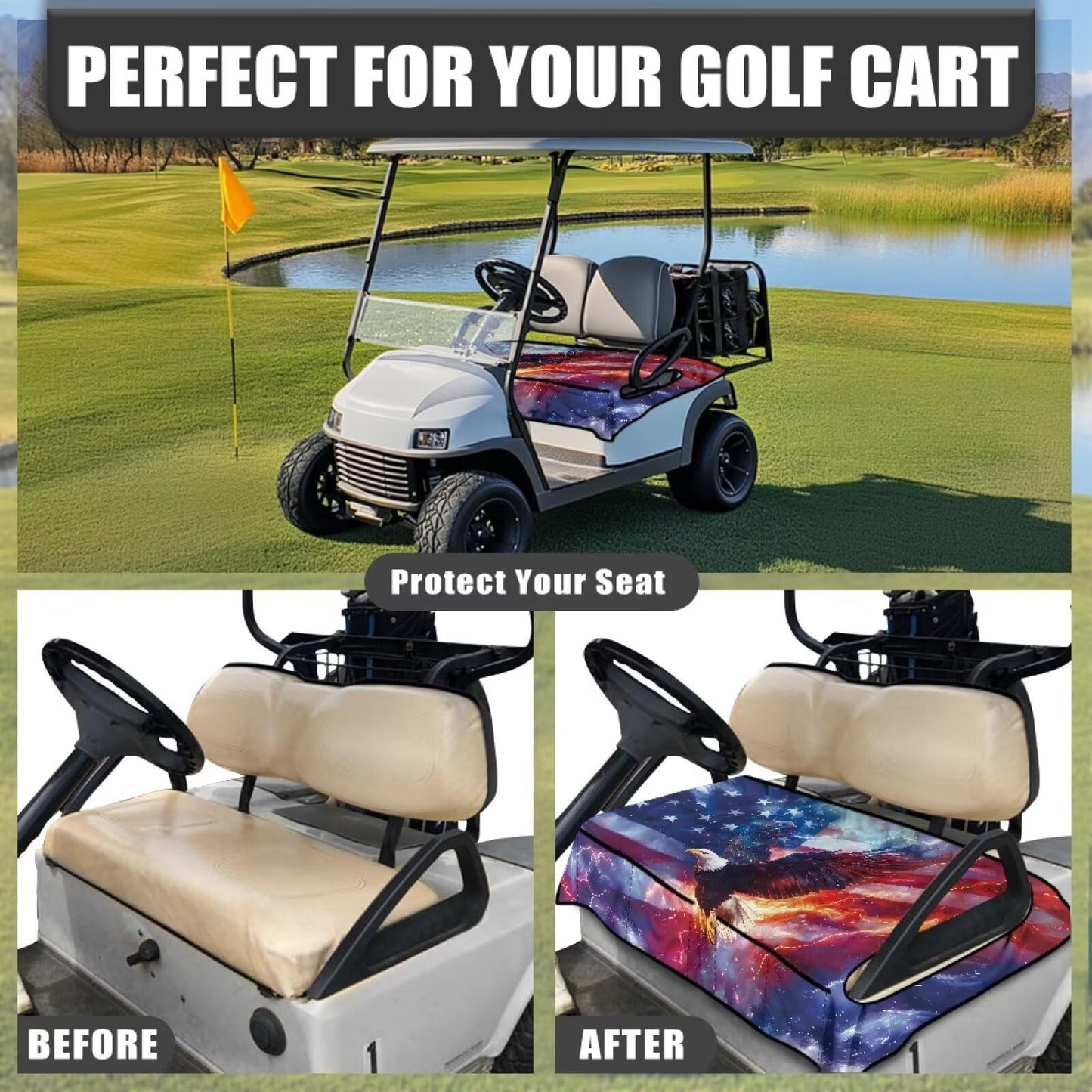Yaosyuorus Golf Cart Seat Covers, Golf Cart Cushion Covers Eagle and American Flag Summer Winter Fall Golf Cart Seat Towel Blanket Breathable Fabric Golf Accessories Car Decoration Covers