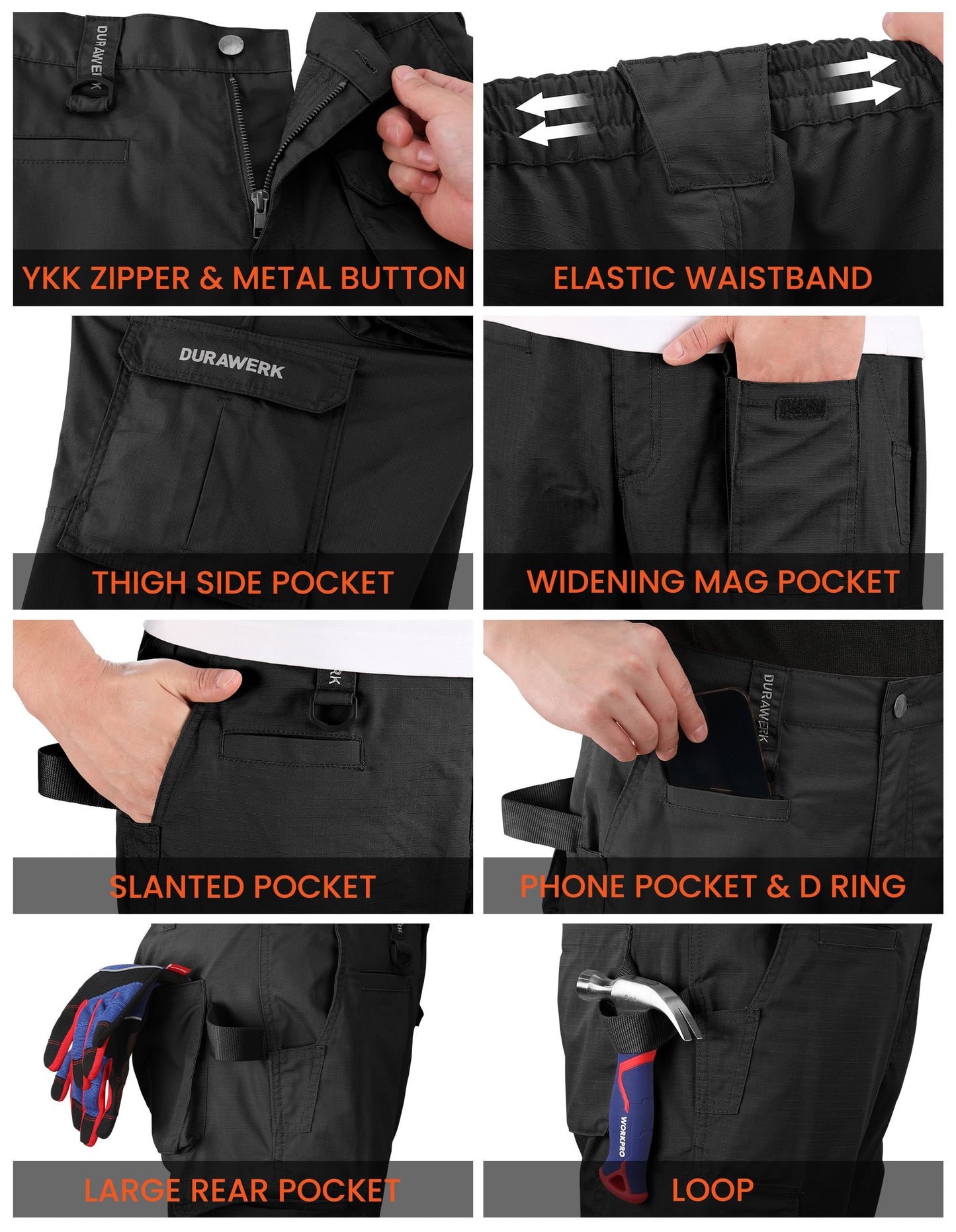 DURAWERK Men's Cargo Pants, Water Resistant Work Pants, Durable Ripstop Tactical Pants, EDC Hiking Pants, Hunting Pants