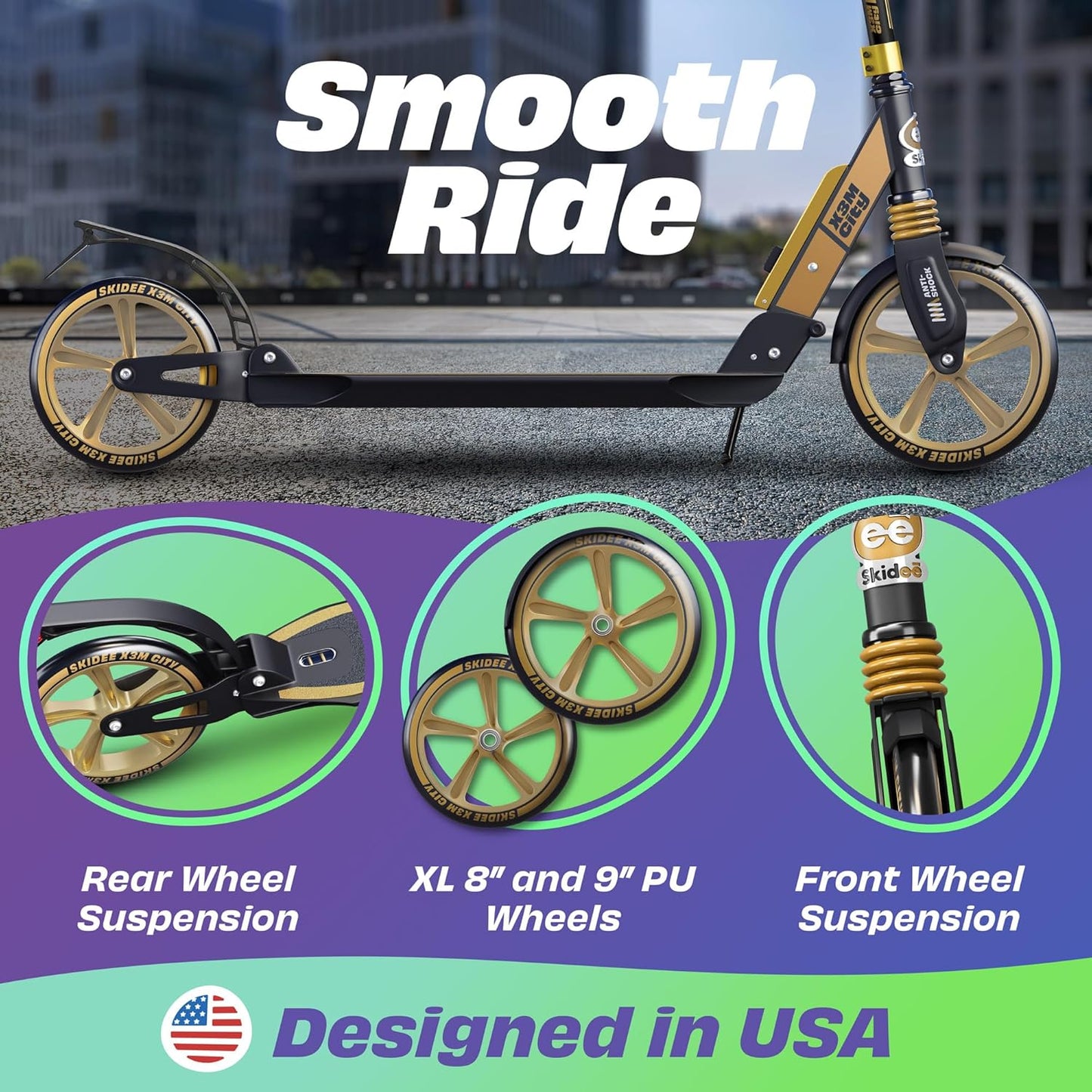 Skidee Adult & Teen Scooter - Adjustable Height, Lightweight & Durable with Large Wheels | Anti-Shock Suspension, 220 lbs Capacity