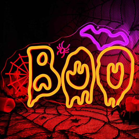 Ajoyferris Halloween Neon Sign Boo Bat Led Sign for Halloween Party Decorations Dimmable Boo Spider Web Neon Lights Spooky Neon Light Up Sign (Red)