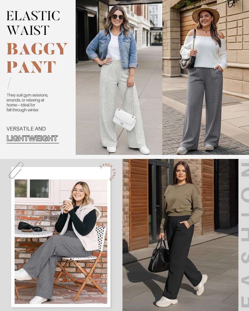 Neer 3 Pack Women's Plus Size Sweatpants, Wide Leg Lounge Pants Elastic Waist Baggy Pant with Pockets Casual Loose Fit Bottom(Black, Dark Heather Gray, Light Heather Gray,3X-Large)
