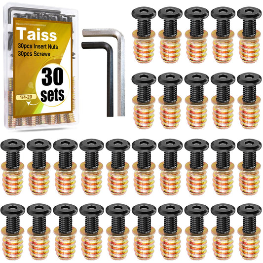 Taiss 30 Sets 1/4-20 x 3/4" Furniture Screw Nut Threaded Inserts for Wood,1/4-20 x 19/32" Nut Threaded Wood Inserts Bolt Fastener Connector Hex Socket Drive Screw-in Nuts with Hex Spanner