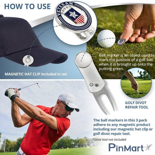 PinMart Officially Licensed United States Navy Veteran 3 Pack Magnetic Ball Markers and Hat Clip - Golf Accessories for Men and Women - Ball Markers and Hat Clip with Magnet for Golf Hats – 1 Piece