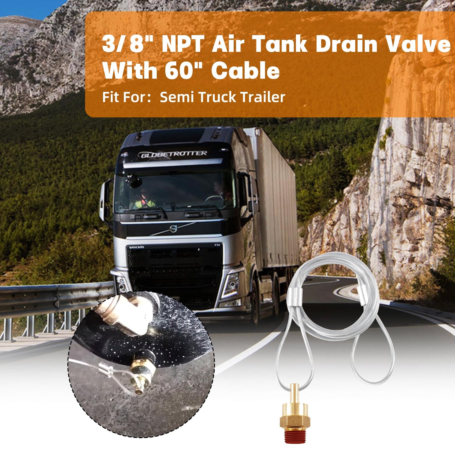 HASAOMOI 2 Pack of 3/8" NPT Air Tank Drain Valve with 60" Cable,For Air Compressor Drain Valve Cable, Semi Truck Trailer