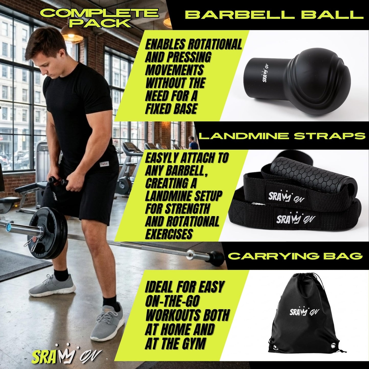 SRAW ON Landmine Attachment for Barbell Set 2 Inch – Landmine Ball with Rotating Strap Handle, Multi-Grip Row, Press & Squat Attachment for Home Gym Strength Training, T bar Row.