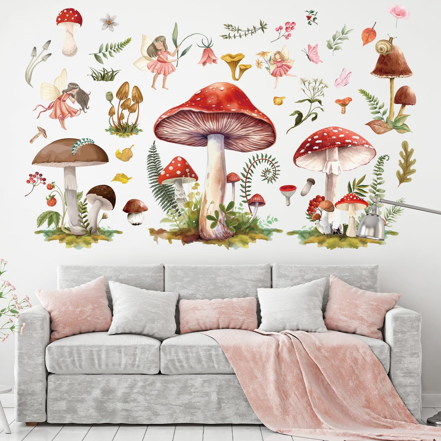 Wxiben Fairy Wall Stickers Decor - Mushroom Wall Decals Flower Wall Sticker Removable Floral Wall Murals Peel and Stick for Girls Kids Bedroom Nursery Playroom Bathroom Living Room Wall Decor
