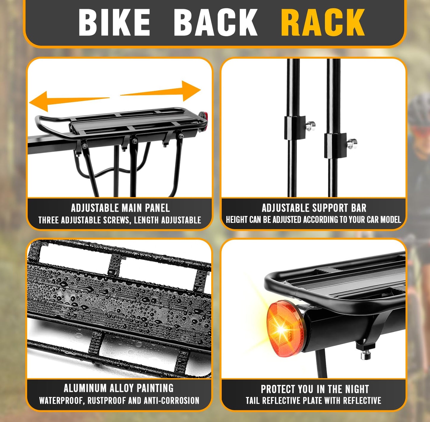 Rear Bike Rack Bike Cargo Rack 110-135Lb Capacity Bike Rear Rack Universal Adjustable Bike Back Rack, Cycling Equipment Stand Footstock with Reflective Logo