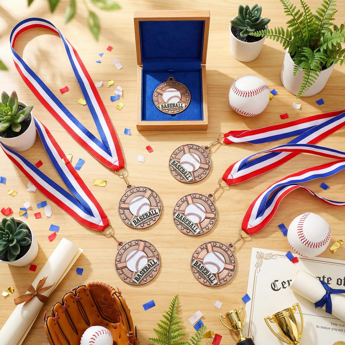 Remuuly 20 Packs Bronze Medals Bulk, 2'' Award Medals Team Participation Trophies with Red White and Blue Striped Ribbon for Competitions Celebration Prizes Gift Sports Party Favor (Baseball)