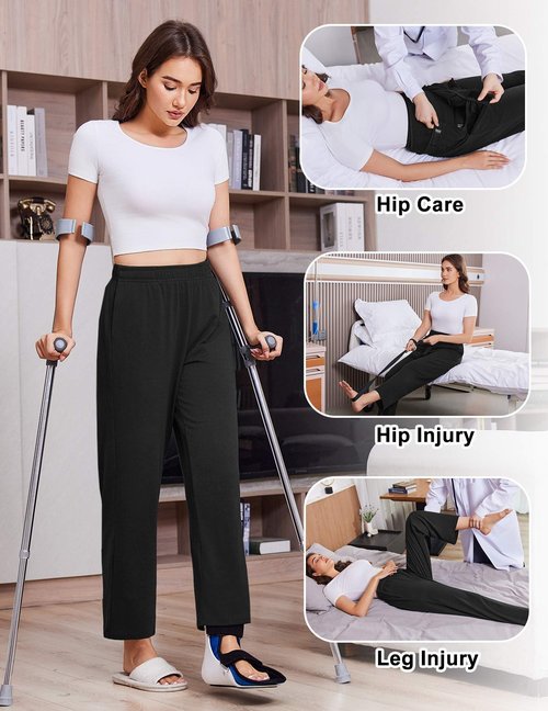 Deyeek Post Surgery Tear Away Pants Women 2 Side Snaps Wide Leg Sweatpants Adaptive Pants for Hip Surgery Recovery Women Black