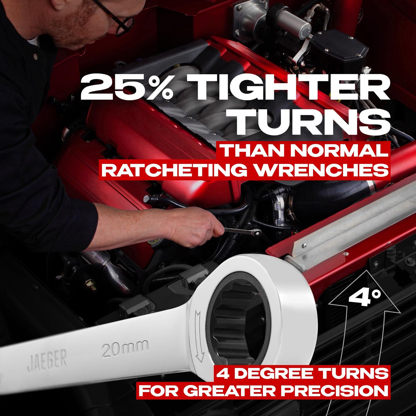 Jaeger 20 mm Ratchet Wrench with 90-Tooth Ratcheting Precision and Hardened, Polished Steel for Projects with Metric Tight Spaces