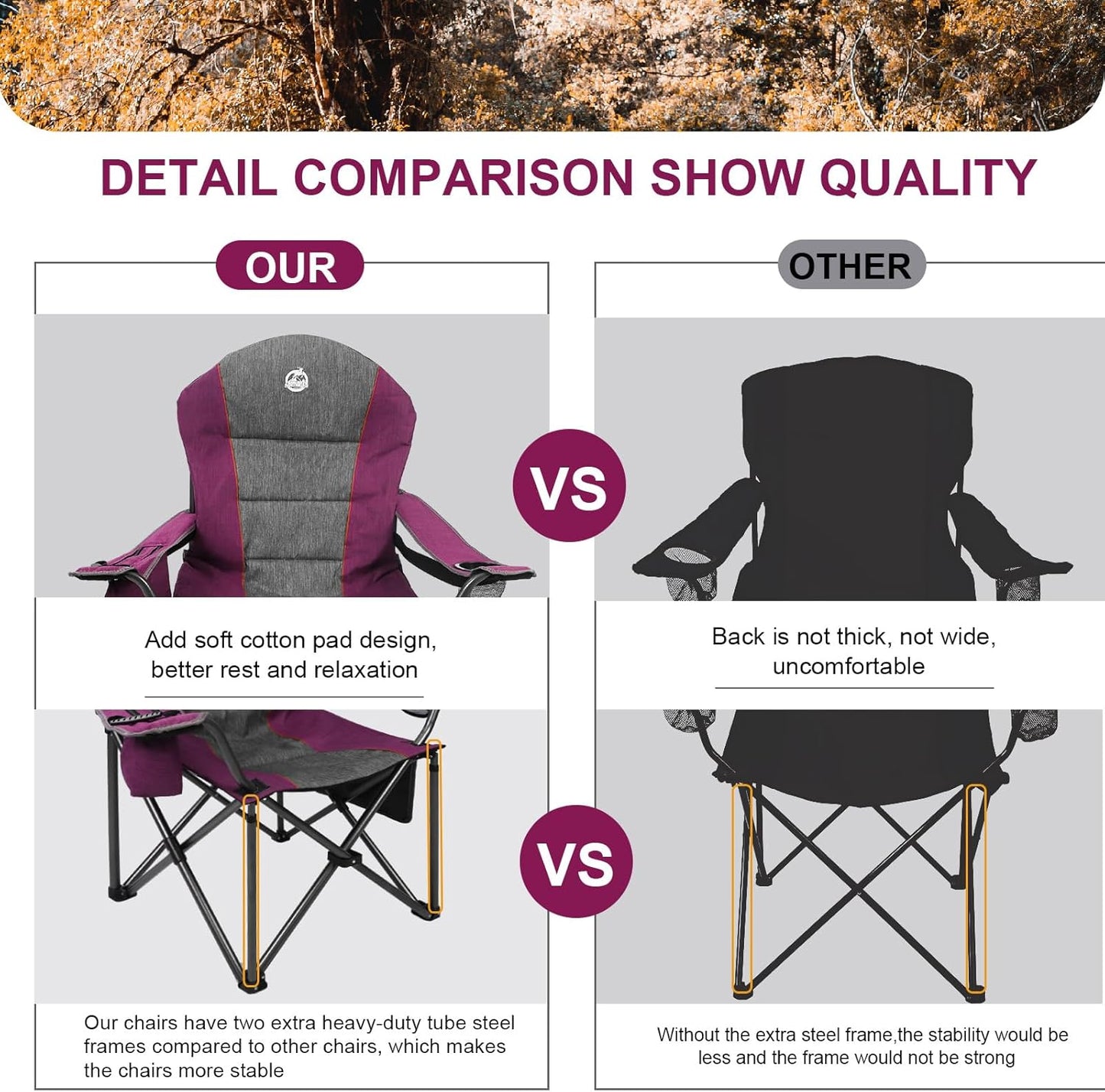 Northroad Oversized Portable Camping Chair - Heavy Duty Folding Chair with Cup Holder & Cooler Bag (Purple)