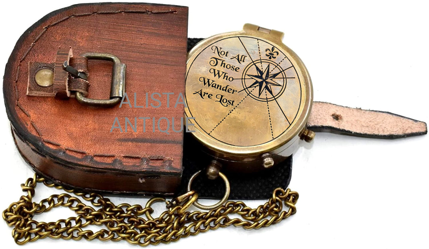 “Not All Those Who Wander are Lost” Engraved Solid Brass Compass with Leather Case & Chain | Vintage Style Pocket Compass for Men & Women | Hiking Compass | Graduatin Gift | Birthday Gift