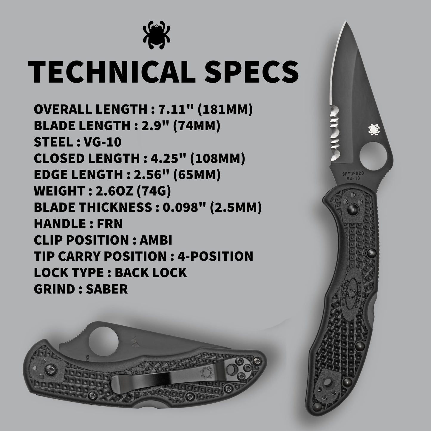 Spyderco Delica 4 Lightweight Folding Pocket Knife with 2" VG-10 Steel Blade and FRN Handle - EDC Knife for Men and Women, Perfect for Hunting, Tactical, Camping - CombinationEdge - C11PSBBK