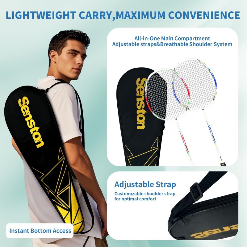 Senston Carbon Fiber Composite Badminton Rackets Set of 2 – Lightweight Pre-Strung Racquets for Beginners, Casual Outdoor Play & Family Fun, with Shuttlecocks, Replacement Grips & Carry Bag