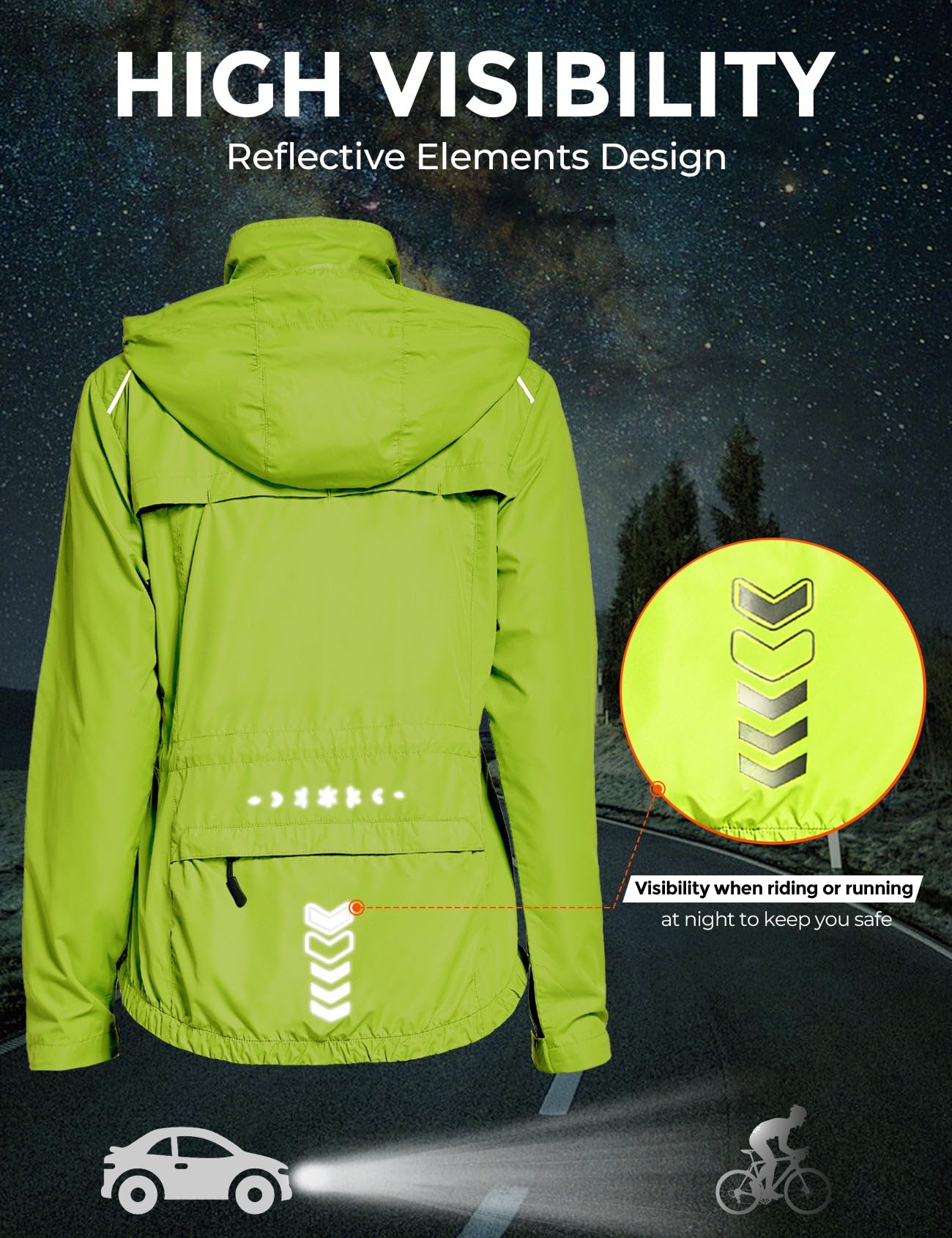 FitsT4 Sports Women's Cycling Running Jackets Lightweight Windproof Bike Windbreaker Reflective with Hood Fluorescent Yellow Size L