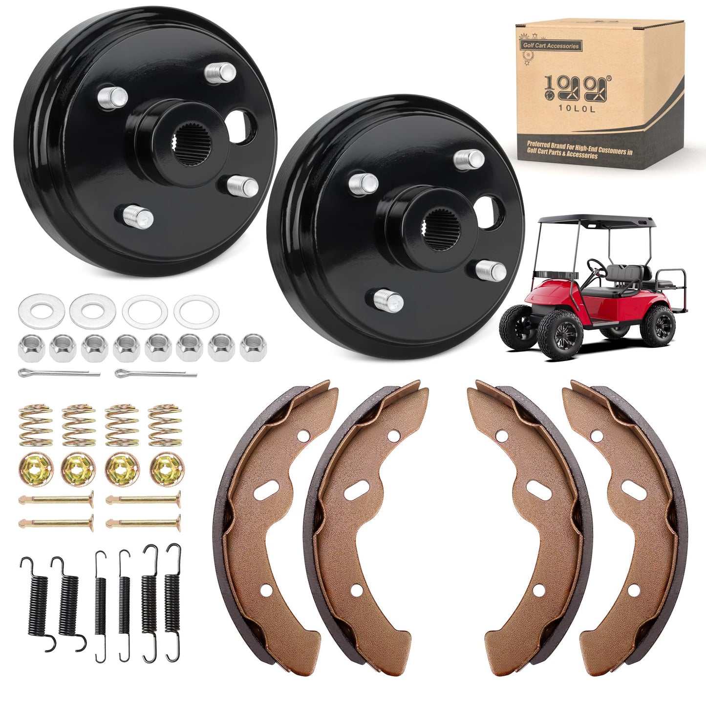 10L0L Golf Cart Brake Maintenance Kit for 1997-Up 4 Cycle Gas EZGO TXT Marathon Medalist Columbia 1" Hole Brake Hub Drums Pads/Shoes Spring Kit OEM# 21807-G1 41843-94 70794G01 70795G01 27943G01