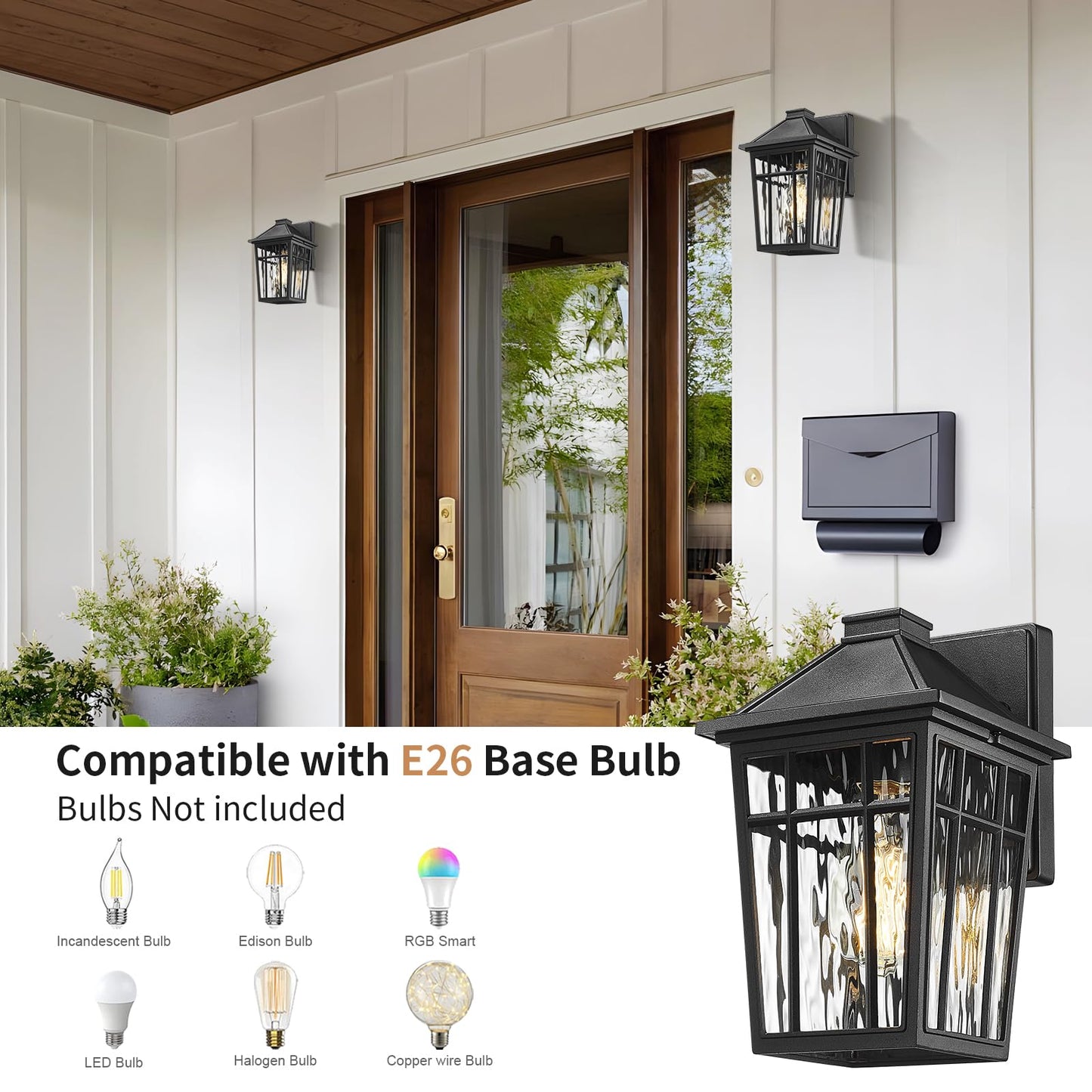 Darkaway Outdoor Wall Lights for House, 2pcs Exterior Lighting Fixtures Wall Mount Porch Lights Waterproof Outdoor Sconce Lights with Water Ripple Glass for Patio Hallway Garage