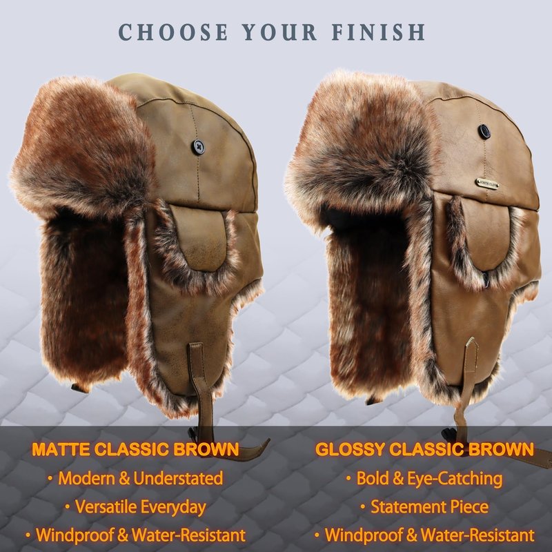 NORTH CLIFF Unisex Winter Trapper Hat Cold Proof Keep Warm Hat with Ear Flaps for Hunting Skiing Trooper Winter Outdoor Activities(Matte Light Brown 59cm)