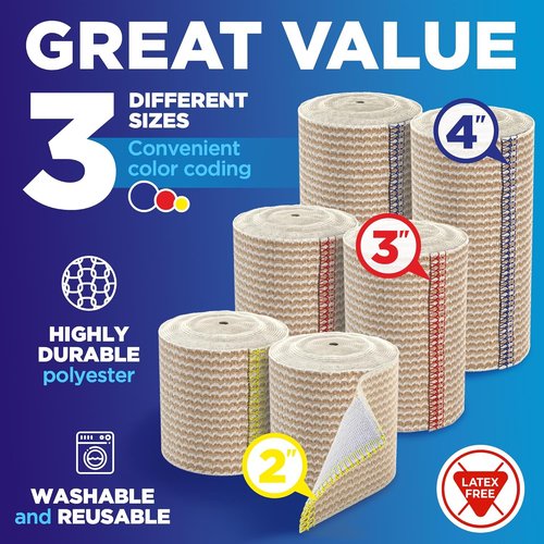 High-Performance Elastic Bandage Wrap - Strong Compression for Legs, Ankles, Wrists & Knees | 6 Pack (2x2in, 2x3in, 2x4in) - Ideal for First Aid & Post-Surgery Recovery