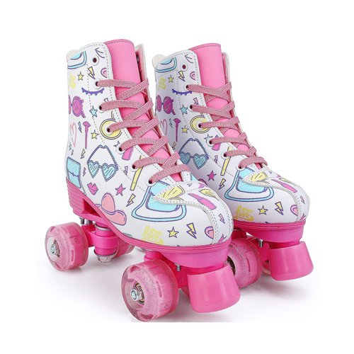 jessie Girl Roller Skates for Kid, PU Leather Flash Rainbow Adjustable Roller Skates Girls Ages 5-12 Four-Wheel Beginner Adult Indoor Outdoor (White,32)