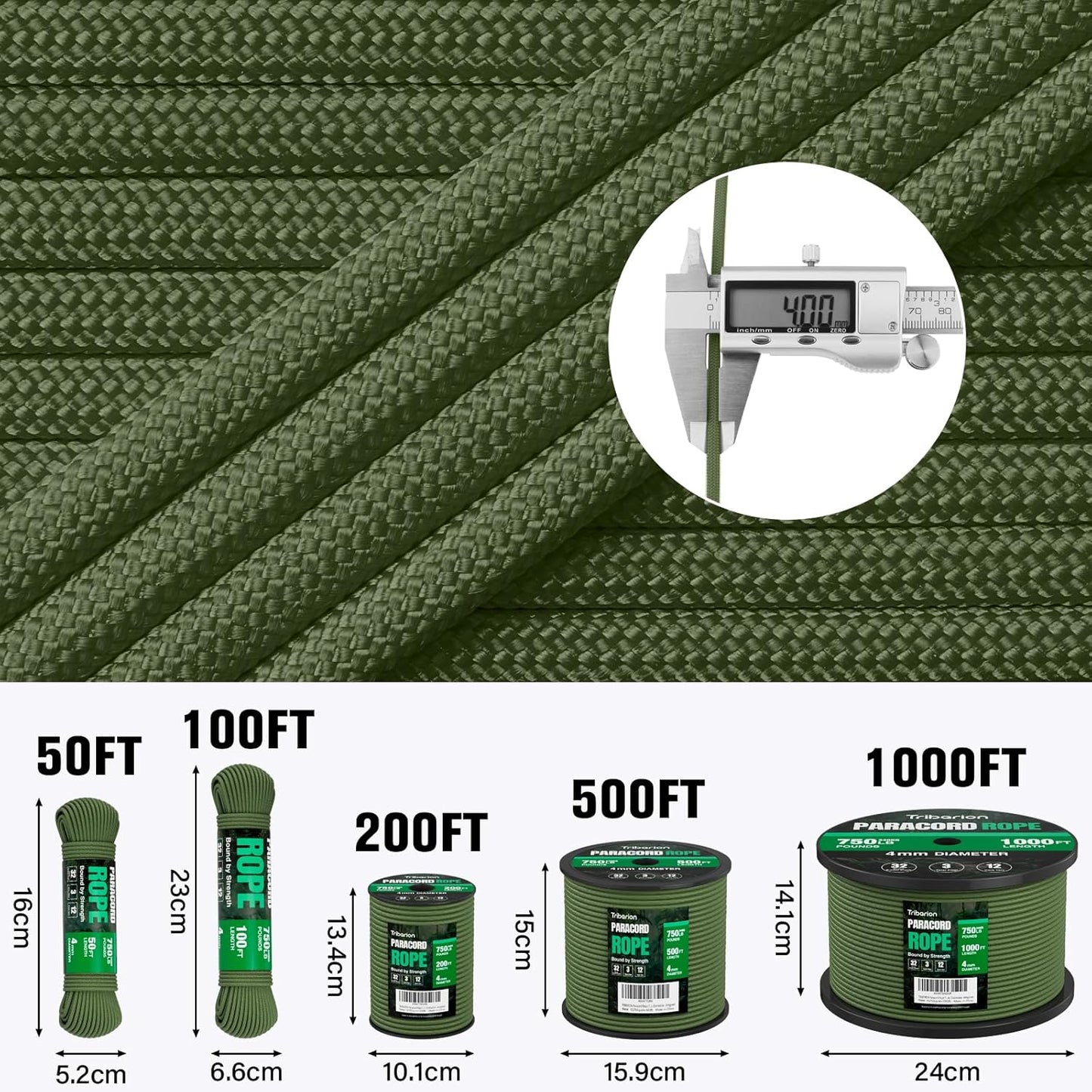 Paracord Rope 750 lb - Heavy Duty 12-Strand Parachute Cord | 1000ft, 500ft, 200ft, 100ft Options for Camping & Survival Gear