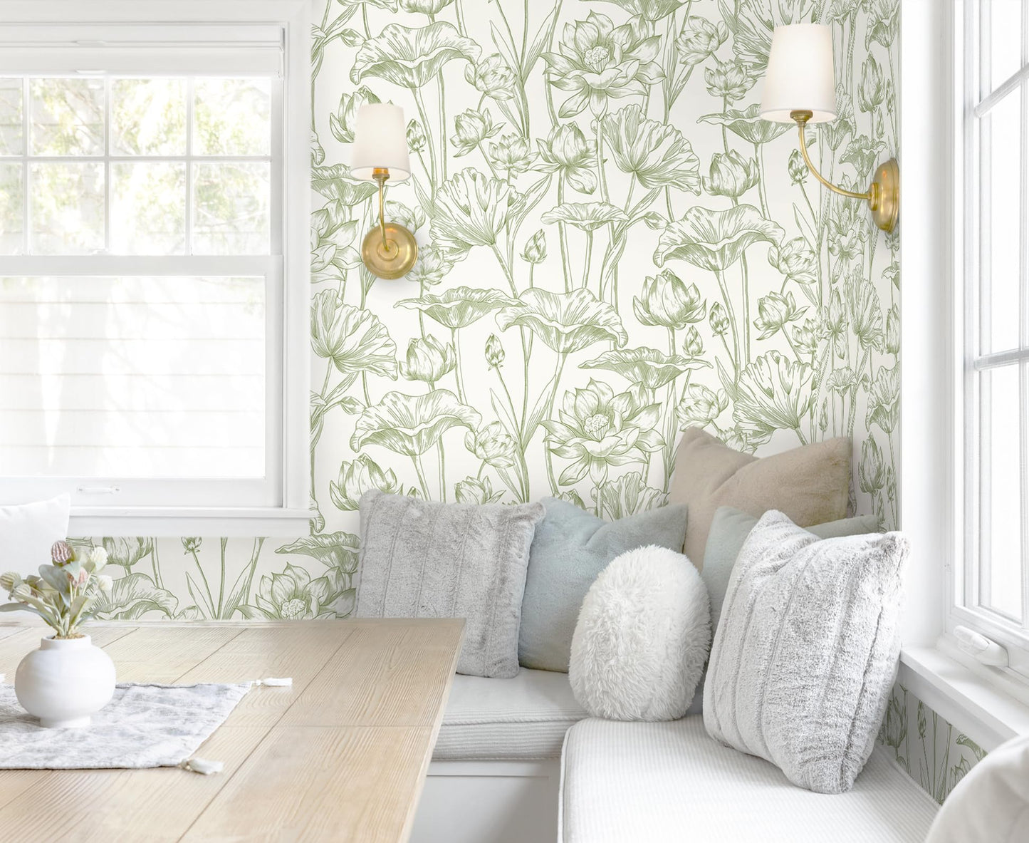 Vinjiasin Peel and Stick Wallpaper Green Floral Contact Paper Boho Modern Lotus Wall Paper for Bedroom Bathroom Living Room Self Adhesive Removable Flower Leaf 17.3"x 78.7"