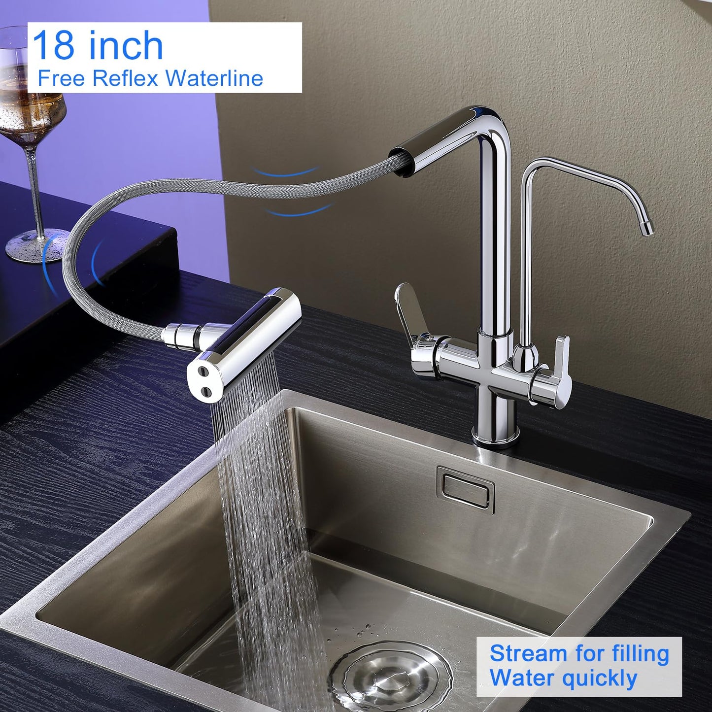TSIBOMU Dual Handles Kitchen Sink Faucet with Drinking Water Faucet, 3 Way Pull Out Kitchen Faucet with 3-Function Sprayer for Water Filtration System, Chrome