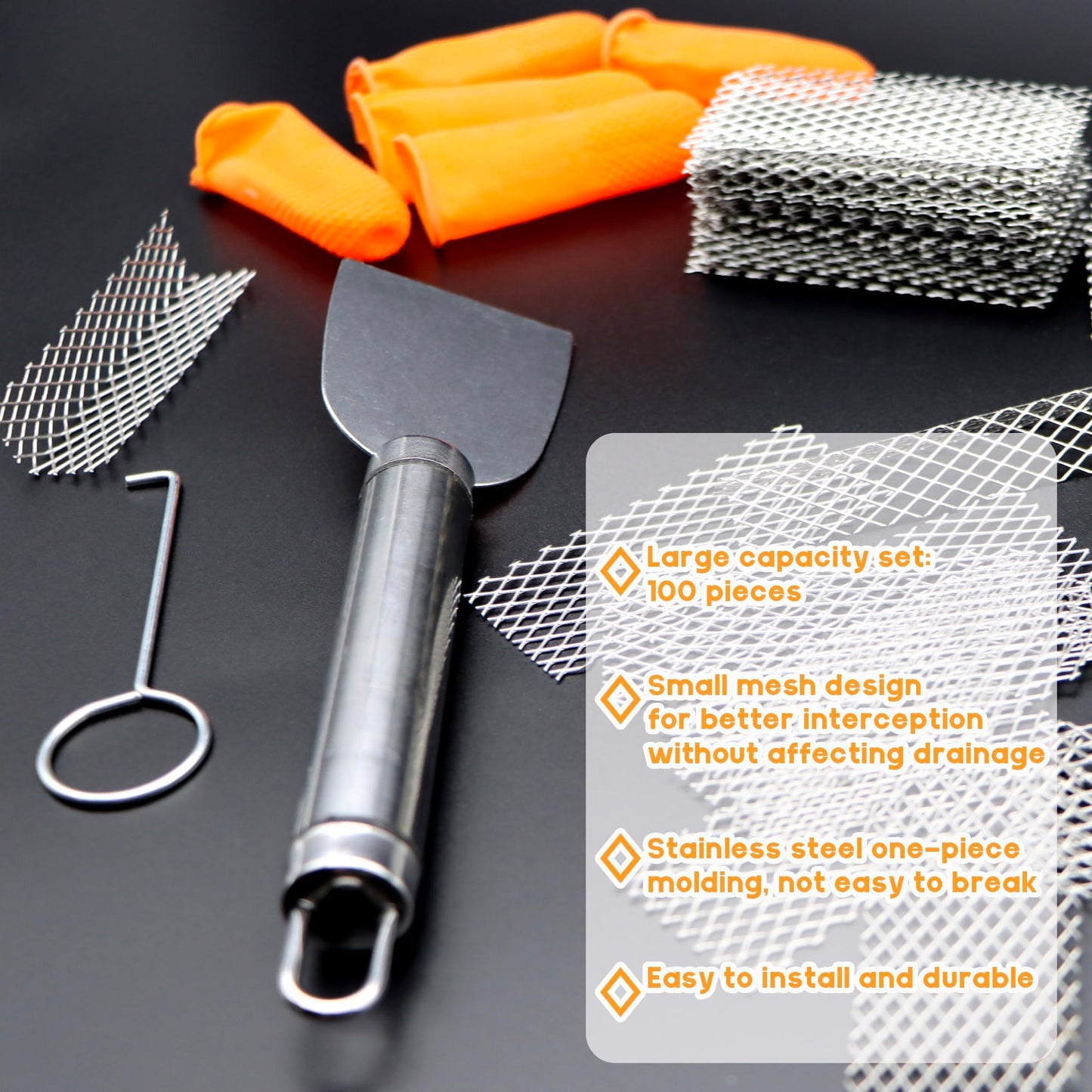 LUTQ Stainless Steel Brick Weep Hole Covers for Brick Walls - 100 Pack Diamond Hole Brick Weep Hole Inserts (0.1in x 0.2in Aperture) with Hook and Spatula for Easy Installation and Replacement