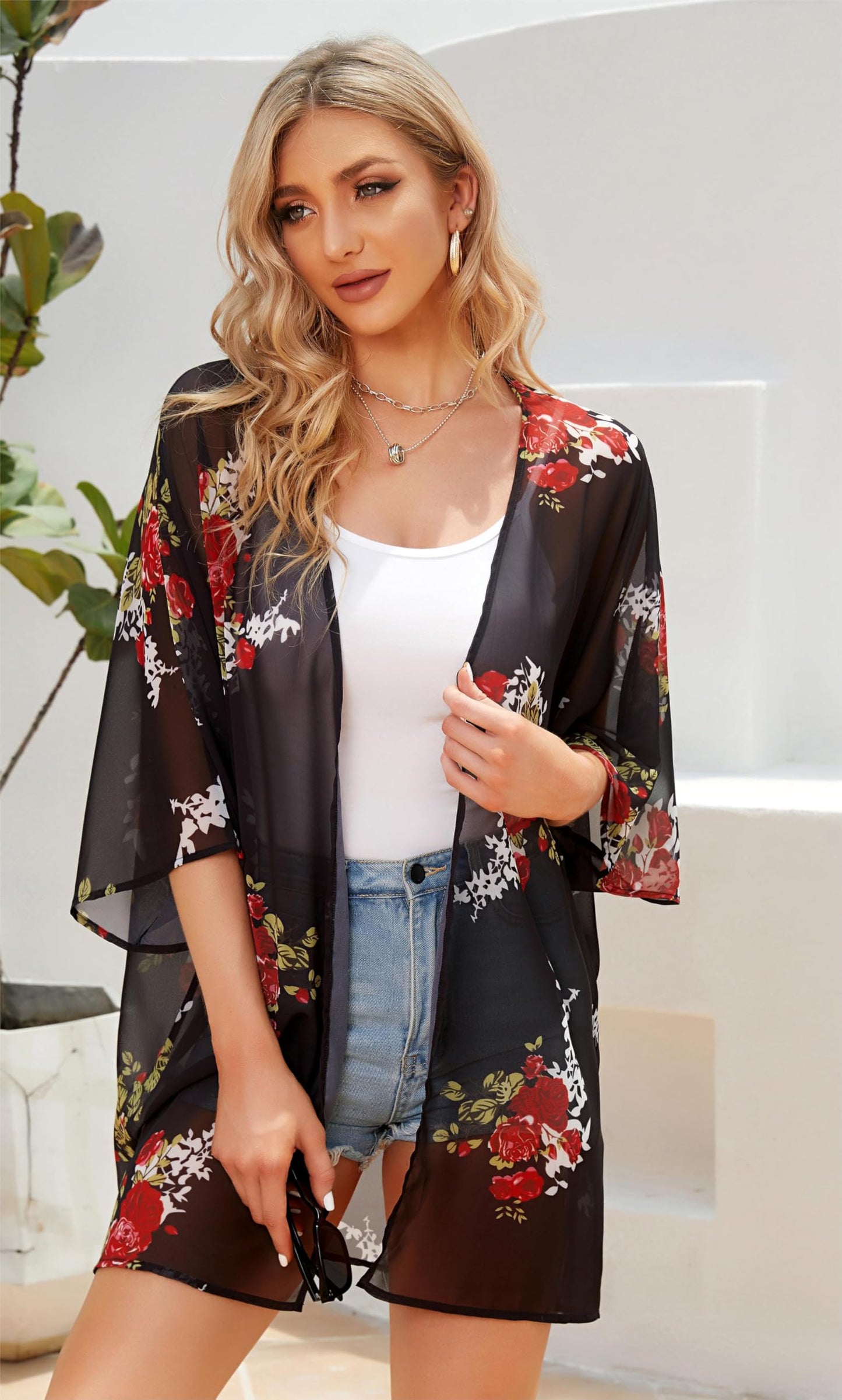 Women's Kimono Floral Cardigan Print Puff Cover Up Casual Blouse Summer Tops (Colorful Gilt, XL)