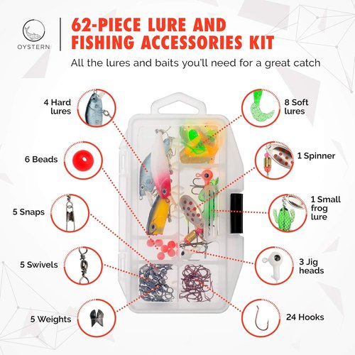 Kid’s Fishing Pole Kit - 62-Piece Tackle Bag & 4lb Line | Beginner’s Guide eBook Included