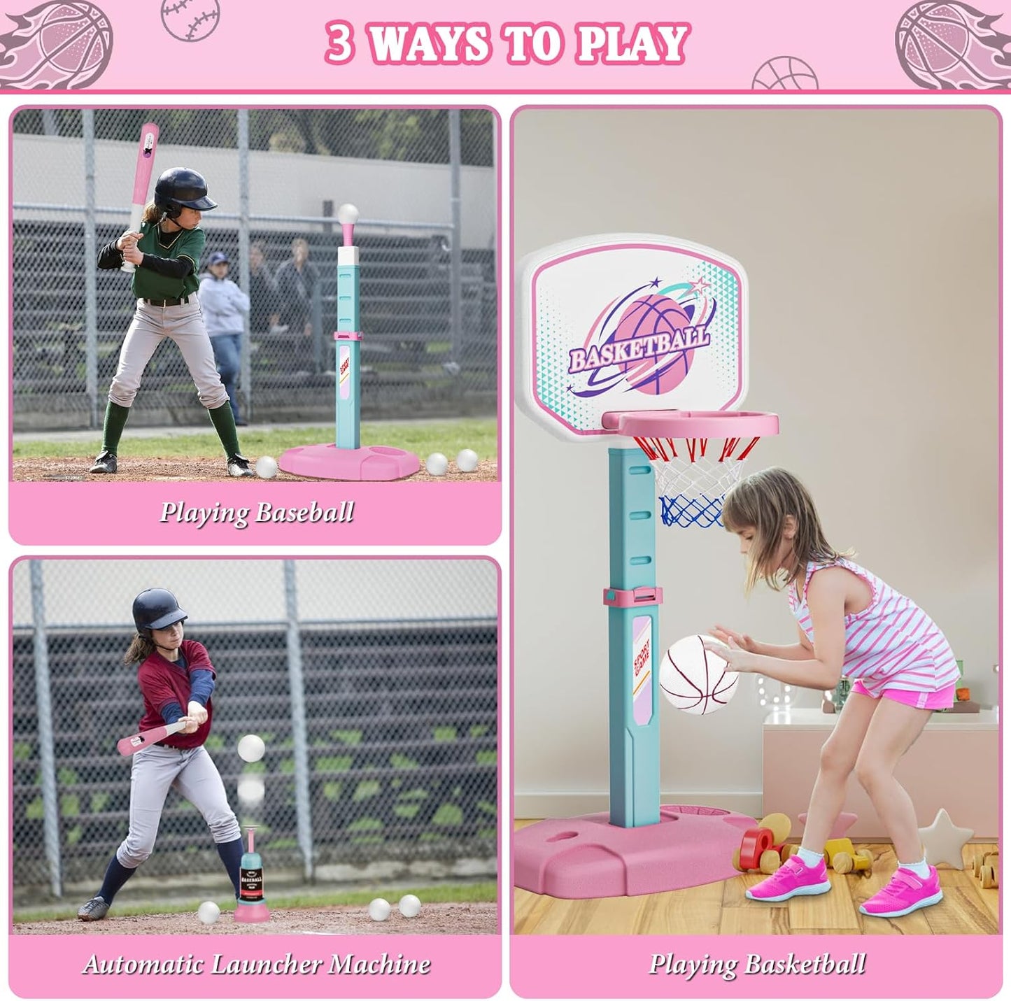Skiennix 3-in-1 Basketball Hoop & Tee Ball Set - Adjustable Height, Automatic Pitching Machine | Pink, Indoor/Outdoor Sports Toy for Kids Ages 1-8