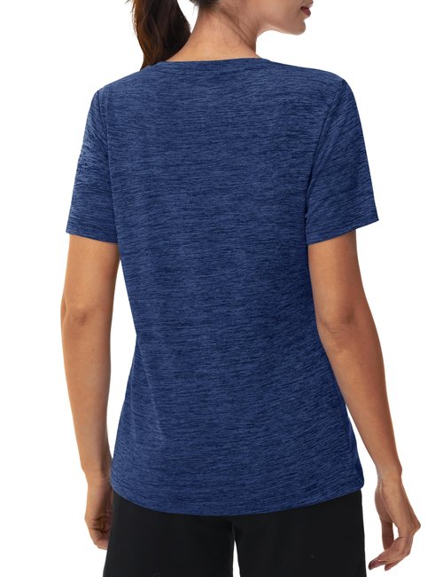 MAGCOMSEN Women's V Neck T Shirts Quick Dry Running Hiking Short Sleeve Golf Shirts, Dark Blue L