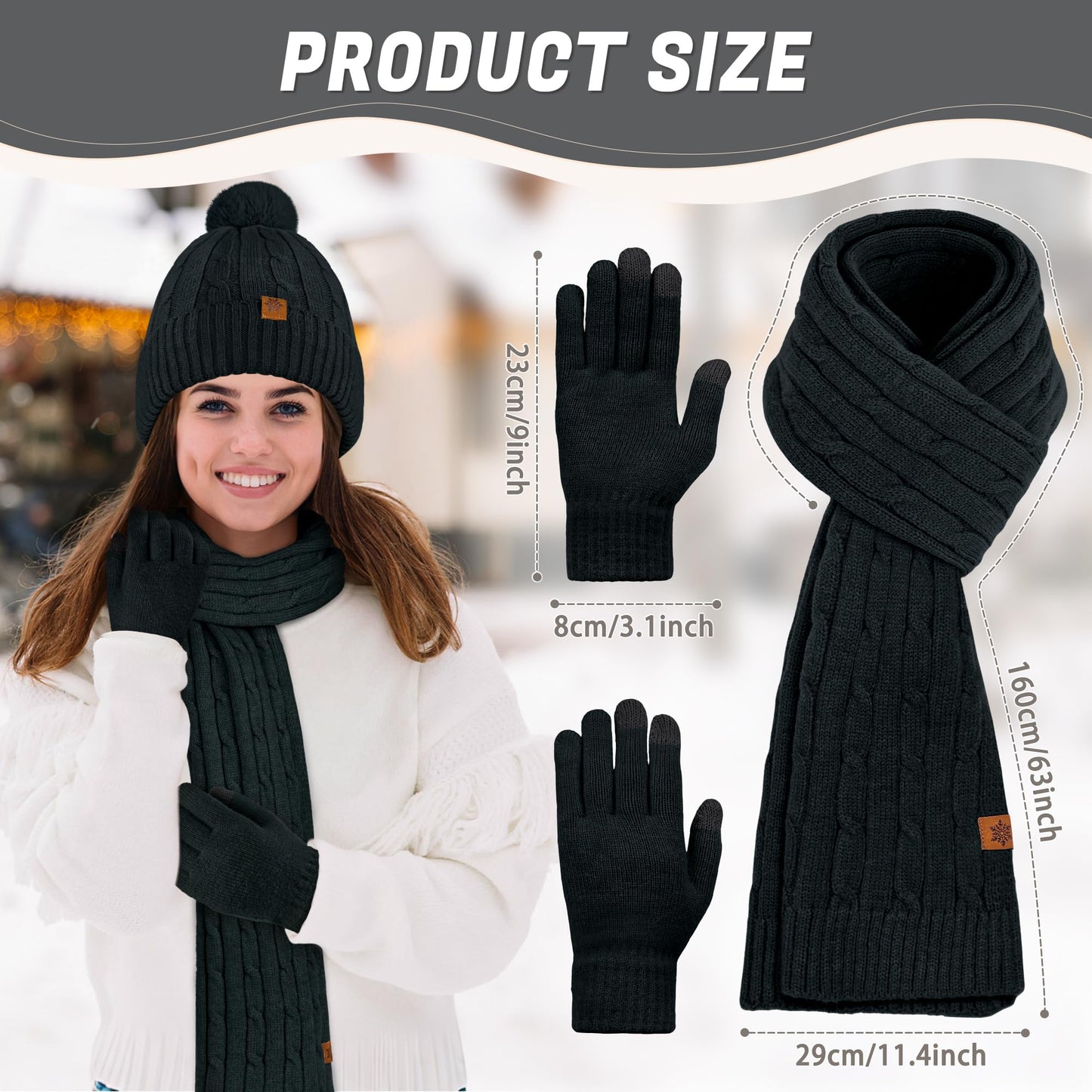 Horolam Winter Hat Scarf Gloves Set, Warm Knit Beanie Hat with Pom Pom Touch Screen Gloves for Women for Christmas Cold Weather Gifts
