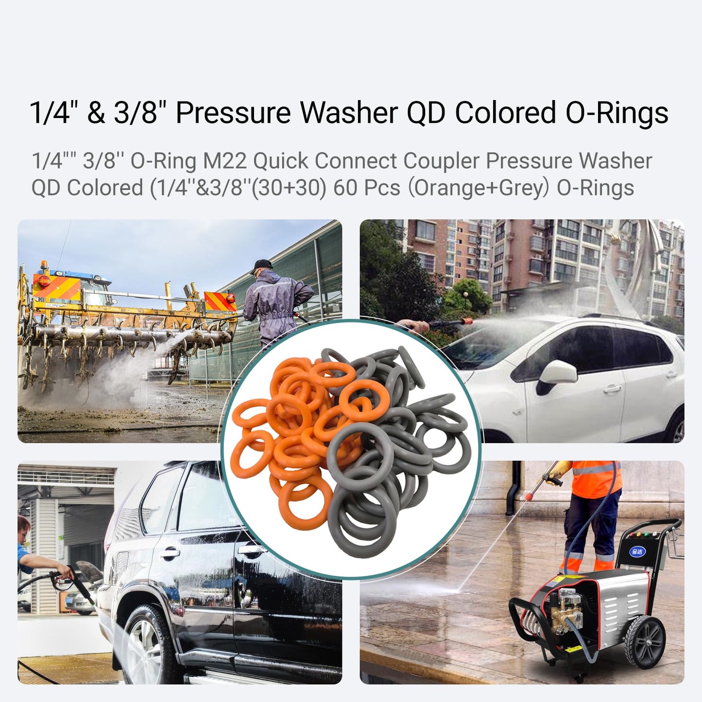60-Pack Pressure Washer O-Rings Set - 30 Orange (1/4") & 30 Grey (3/8") Quick Connect Coupler Seals for M22 Fittings ,for Garden Hose, Nozzle, and Power Washer Accessories