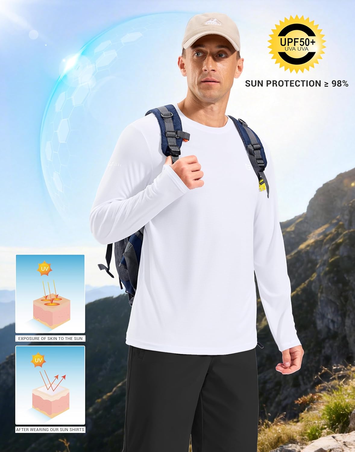 Skiennix Men's Long Sleeve UV Protection Shirt - UPF 50+ Lightweight Cooling Rash Guard