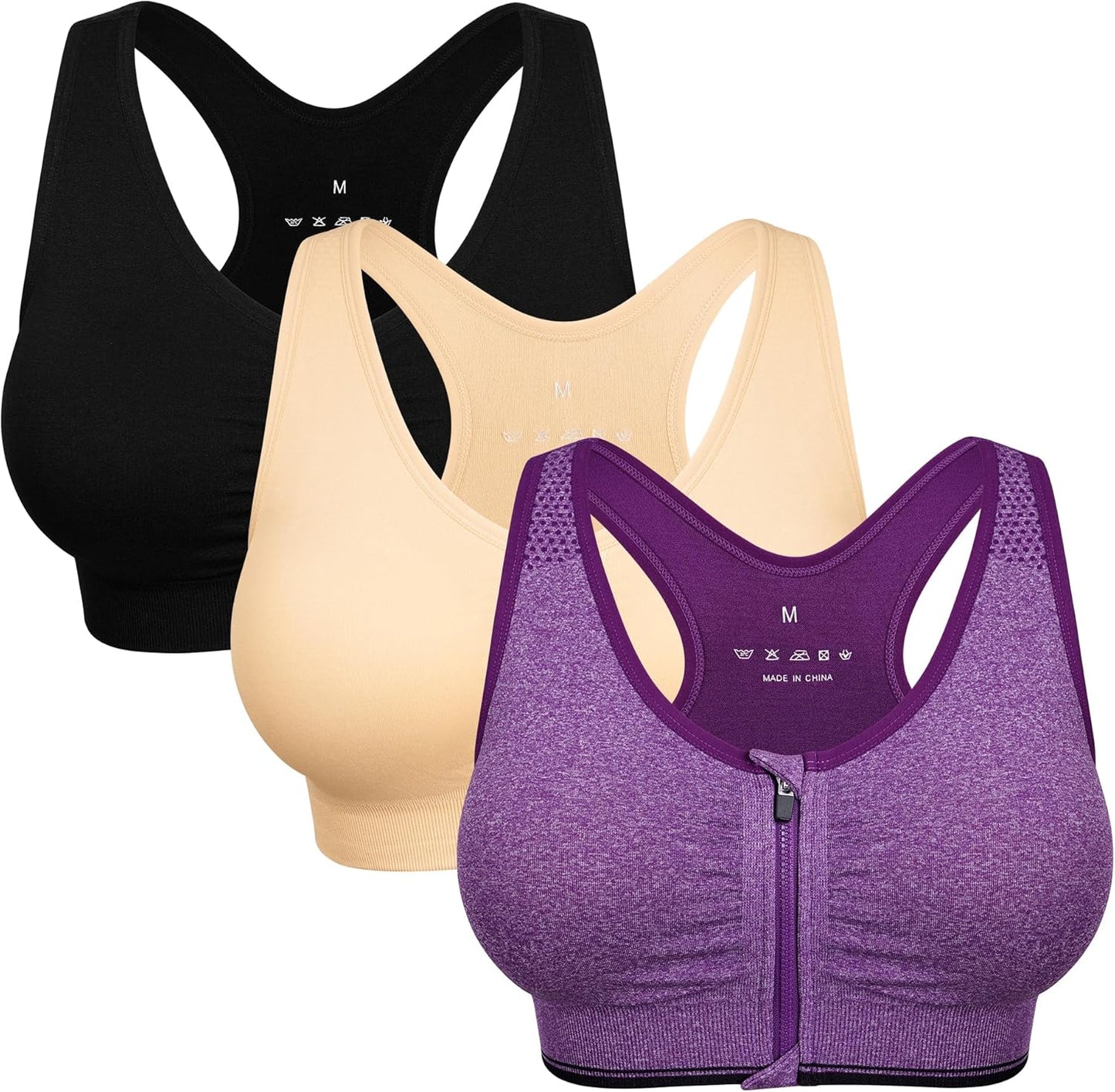 Skiennix Women's Zip Front Sports Bra - Wireless Post-Surgery Comfort for Active Yoga | Black