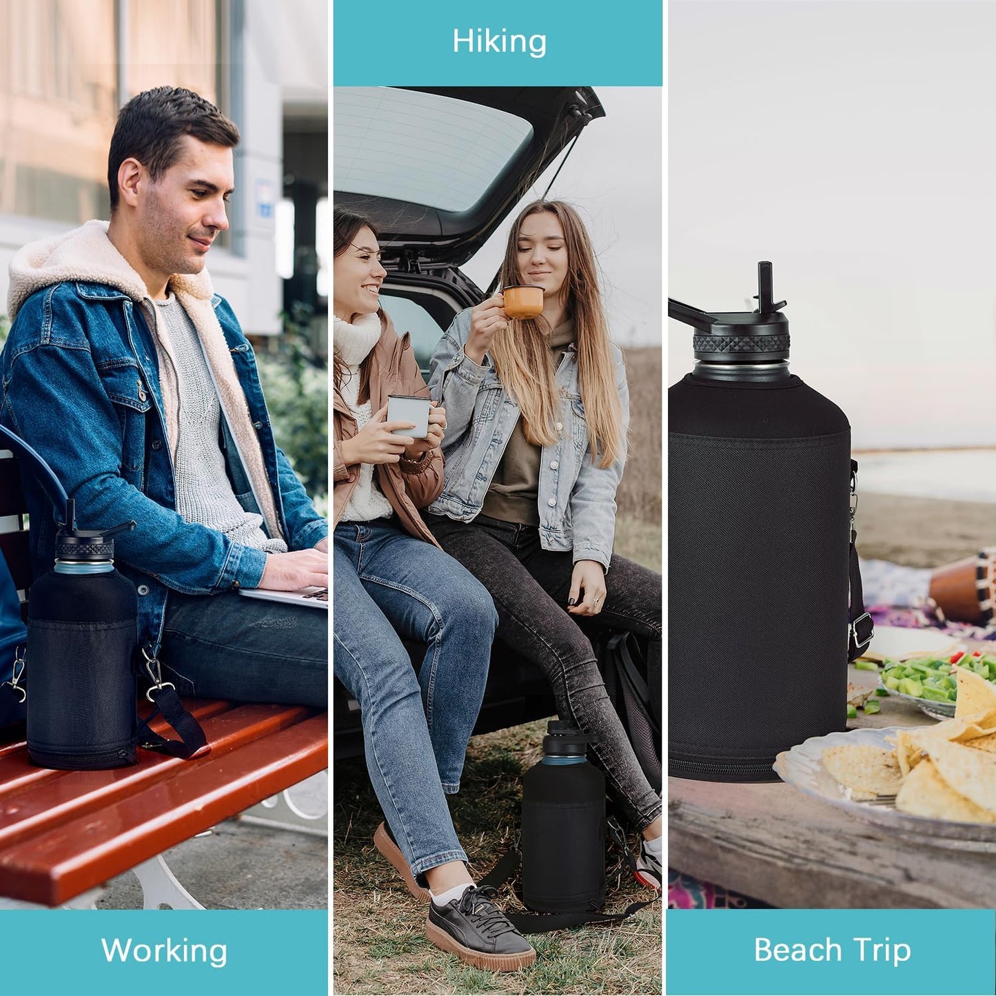 RAYMYLO Water Bottle Carrier Bag - Adjustable Crossbody Holder for 64/128 oz Bottles | Black