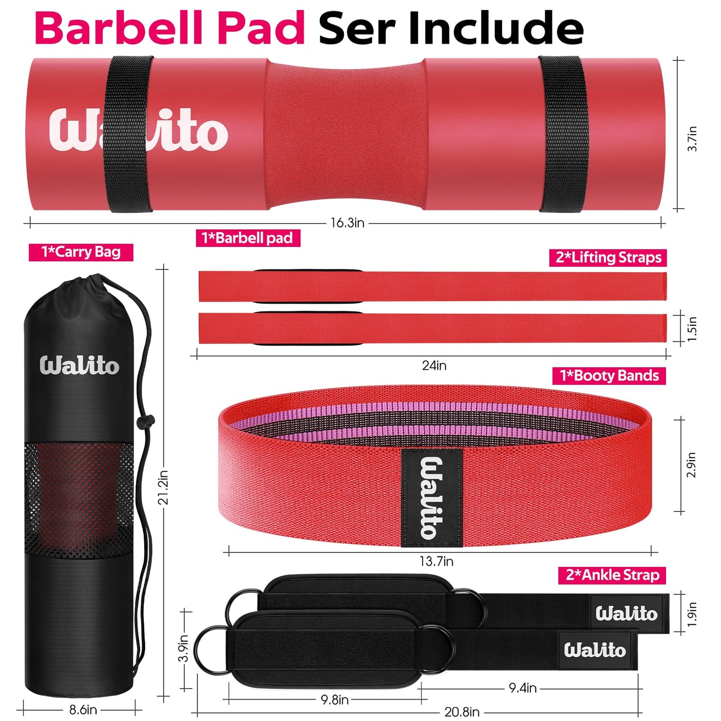 WALITO 8Pcs Barbell Pad Set for Hip Thrust - Squat Pad,Gym Accessories for Women with Bar Bad,Bench Press, with Gym Ankle Straps,Resistance Bands for Working Out,Lifting Strap,Carry Bag (Red)