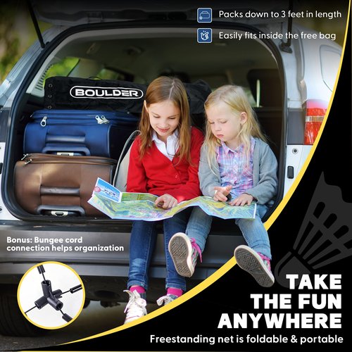 BOULDER Portable Badminton Pickleball Net - Foldable / Extendable Poles for Multiple Sports Heights (UP to 5 ft) - Ideal for Tennis, Pickleball, Soccer Tennis - Easy Setup (Black, 14 FT)