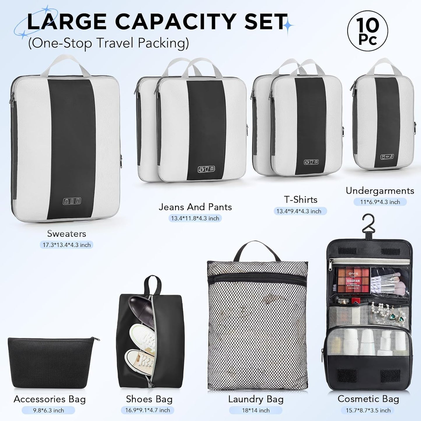 OlarHike Compression Packing Cubes - 10 Set Travel Organizer Bags for Suitcases | Black