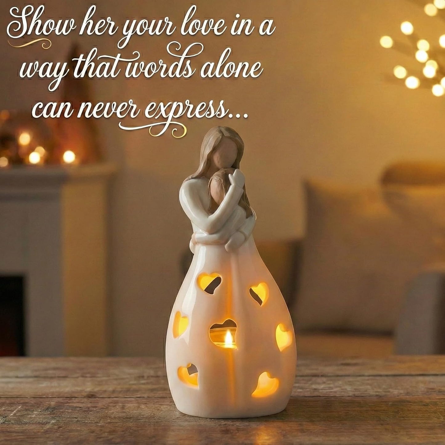 Regine Switzerland | Mother's Day Candleholder Statue with Flickering LED Light - Unique Gift for Mom | Seasonal Home Décor (Light Brown)