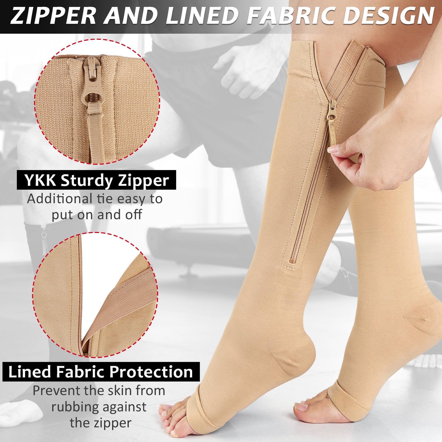 Ailaka Zipper Compression Socks for Women Men, 20-30 mmHg Open Toe Compression Socks Knee High, Ted Hose Compression Stockings for Edema, Varicose Veins(Beige,XL)